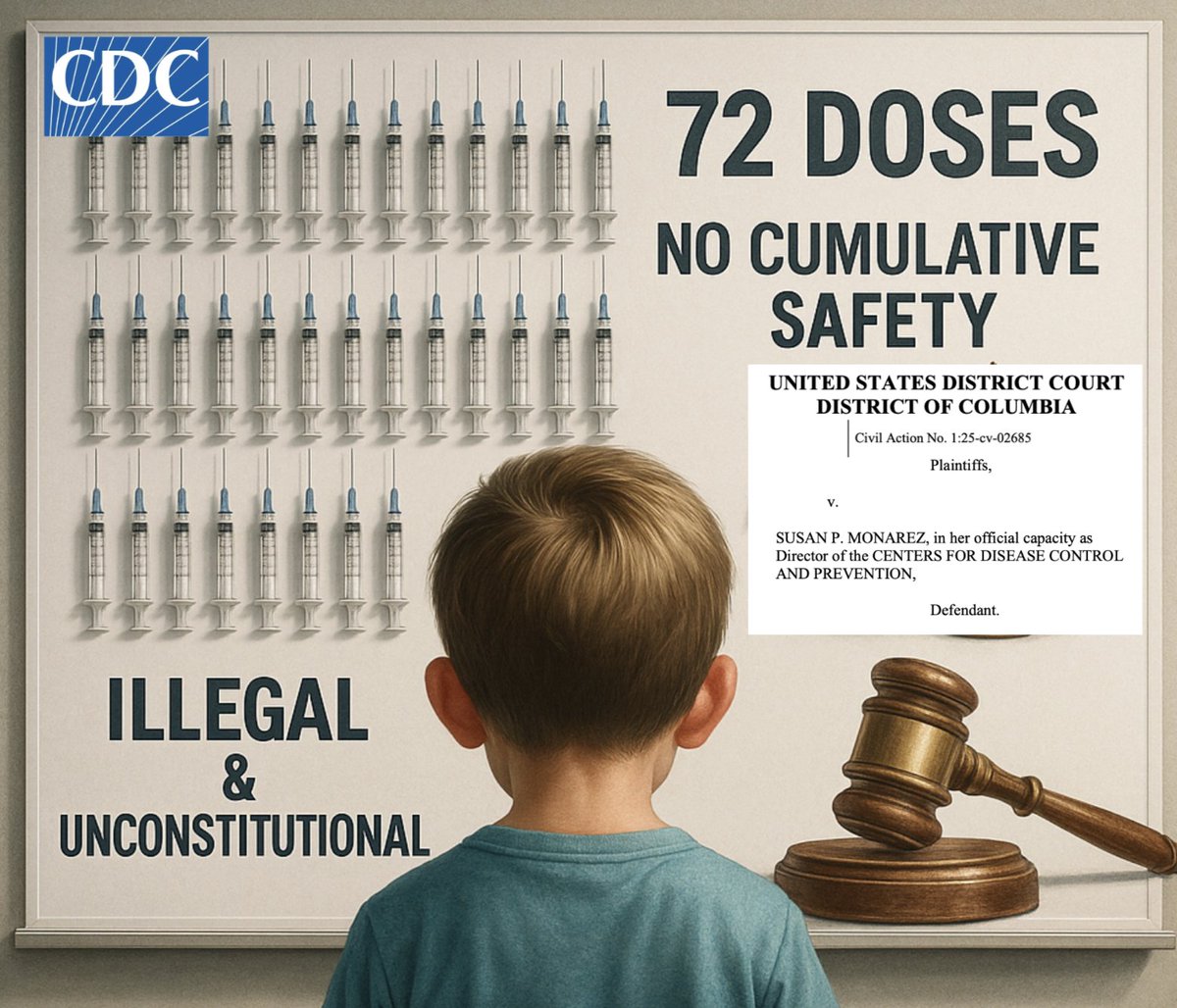 🚨BREAKING: CDC Sued for Pushing Illegal 72-Dose Childhood Vaccine Schedule

CDC accused of running an illegal and unconstitutional hyper-vaccination program — NEVER once tested for cumulative safety 👇

What the Lawsuit Alleges

🚫 No cumulative safety testing (despite IOM