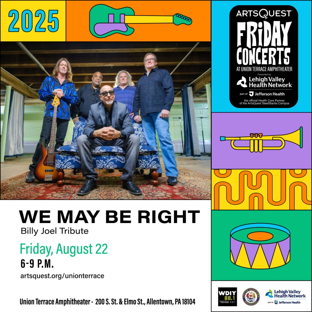 Don't forget...We May Be Right is playing ArtsQuest's Friday Concerts at Union Terrace Amphitheater pres. by Lehigh Valley Health Network, part of Jefferson Health, the official Health Care Partner of the ArtsQuest SteelStacks Campus THIS FRIDAY!!! 🎶 Will we see you there?!