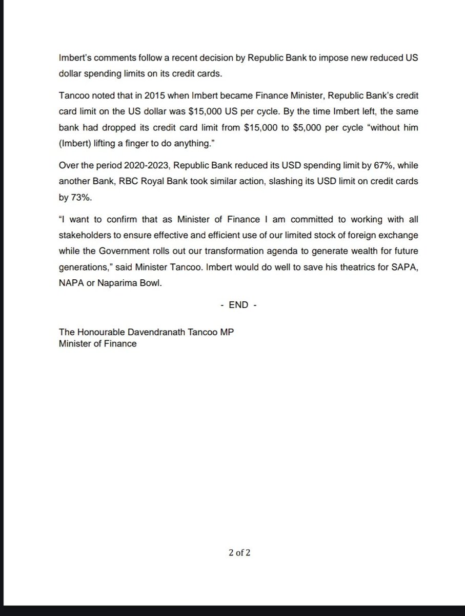 Media Release: Response to Colm Imbert’s comments on Credit Card USD spending limit cut

#MOFTT