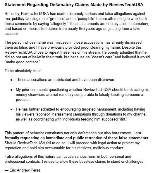 8biteric's tweet photo. ReviewTechUSA falsely called me a groomer &amp; pedophile based on long-debunked fake accusations. He admitted he did it just for ‘content.’ 

I am demanding an immediate public retraction. If not, I will pursue legal action for defamation &amp; targeted harassment. https://t.co/COt7Ycmag4