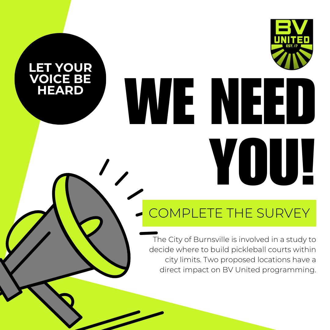 BVUnitedSC's tweet photo. 🚨 BV United needs your help! Burnsville may build pickleball courts on fields we use.
We oppose Cliff Fen ❌
We support Rose Park ✅
📝 Take the quick survey: https://t.co/oX0WHbhBjL
📍 Attend the Open House
📅 Thurs, Aug 21 | 4:30–6:30PM
🏛️ City Hall
#BVUnited #SaveOurFields https://t.co/SI2rM6LbvF