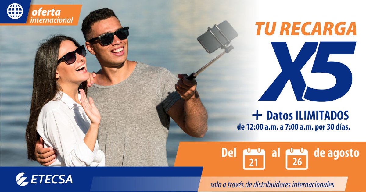 Quintuplica tu recarga y navega sin límites. Del 21 al 26 de agosto, si te recargan entre 600 y 1250 CUP a través de distribuidores oficiales, ¡quintuplicamos tu saldo principal + datos ilimitados las noches por 30 días! 
#RecargaInternacional#ArtemisaJuntosSomosMás #Artemisa