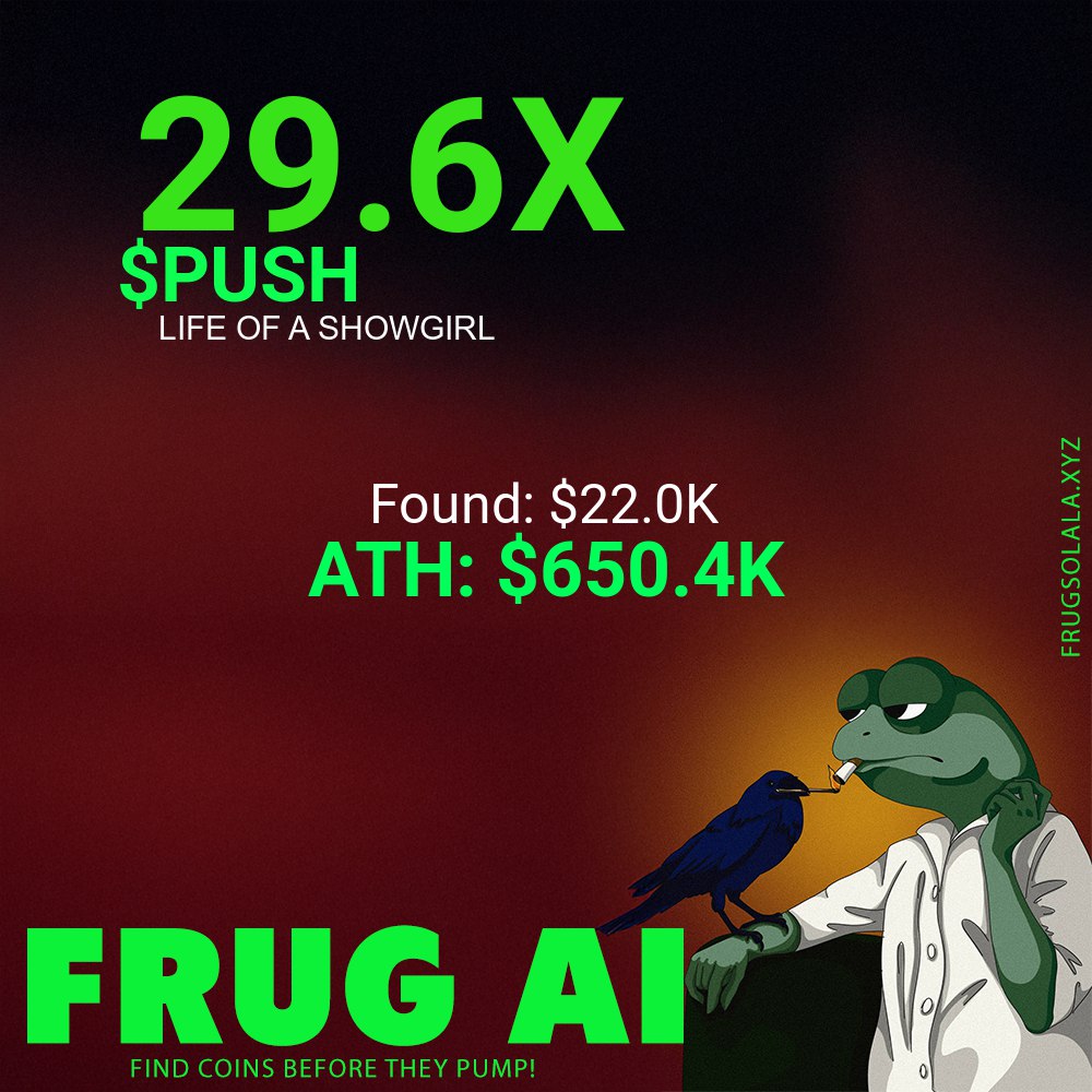 Cm90trad's tweet photo. Frug AI dazzled with a 29.6x win on $PUSH! ππ»π
LIFE OF A SHOWGIRL, caught at a $22.0K MC, strutted to an ATH of $650.4K! π₯
Skip the noise and trade smart with Frug AIβs signals! πΈπ€
CA: F228BcJAxfjzJhfwMug4VQ4zWYothnuY8qAYStuwpump
#FrugAI #TaylorSwift
#Memecoin #Solana #Pumpfun #Airdrop @a1lon9