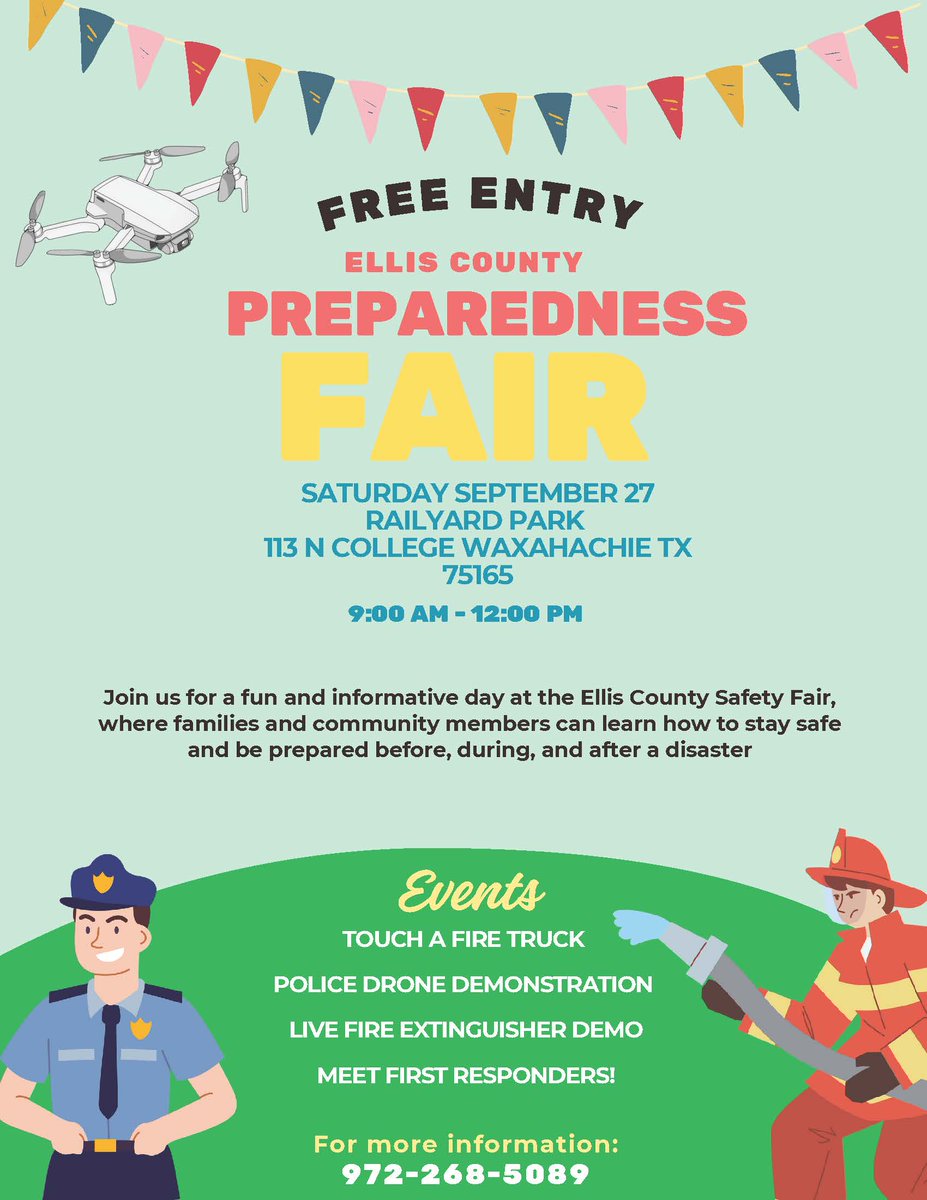 Hello Ellis County!!!
Save the Date for the upcoming Annual Preparedness Fair!
This year we will be in Waxahachie at Railyard Park, September 27th, 2025 - 9am to 12pm.
Can't wait to see you all there!
