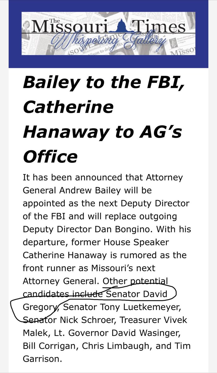 Breaking: Our OUTSTANDING Attorney General <a href="/AndrewBaileyMO/">Andrew Bailey</a> is rumored to soon be appointed by President Trump as Deputy Director of FBI. 

I’m honored to considered as his replacement.