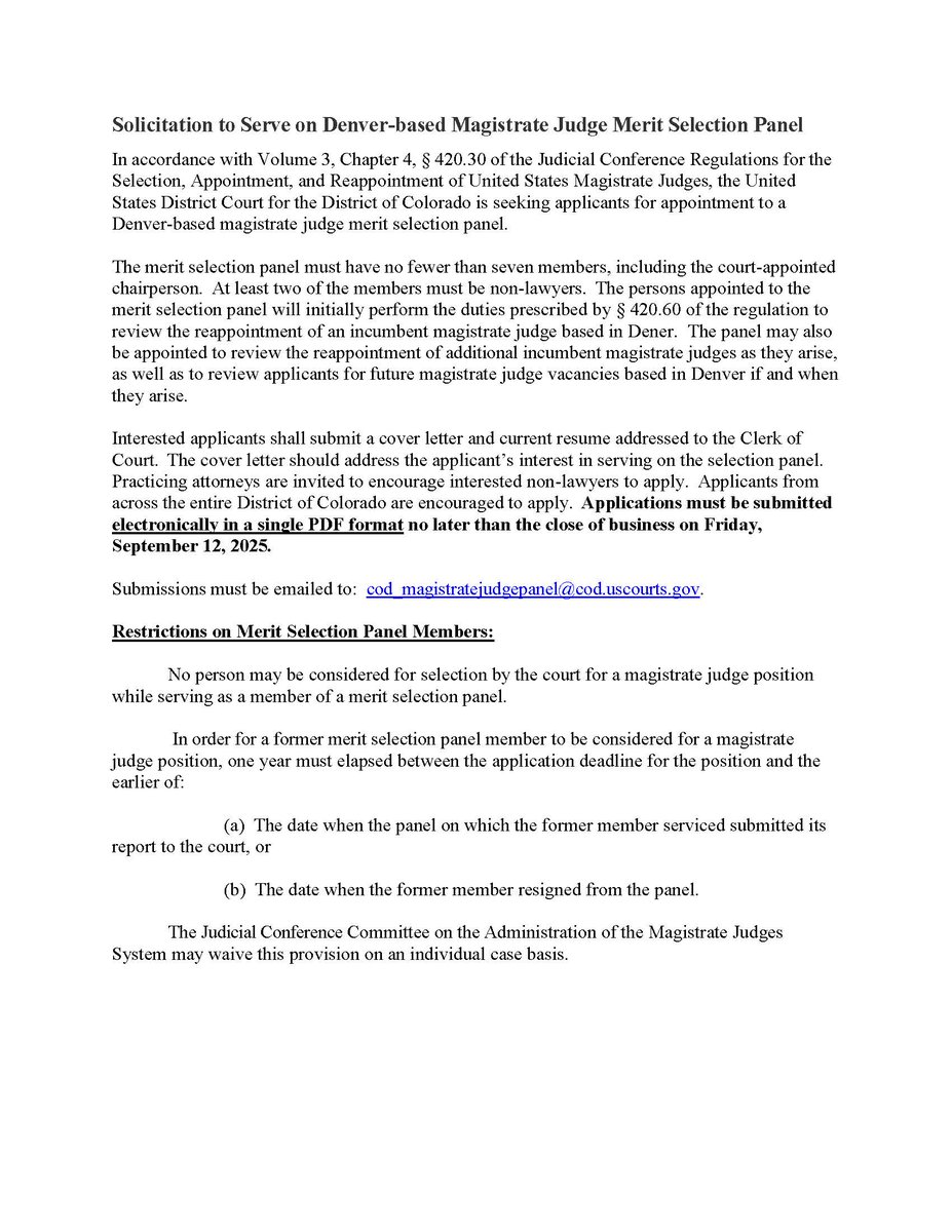 Help our Court review an incumbent magistrate judge for reappointment.  Applicants, including non-lawyers, from across the entire District/state of Colorado are encouraged to apply.
