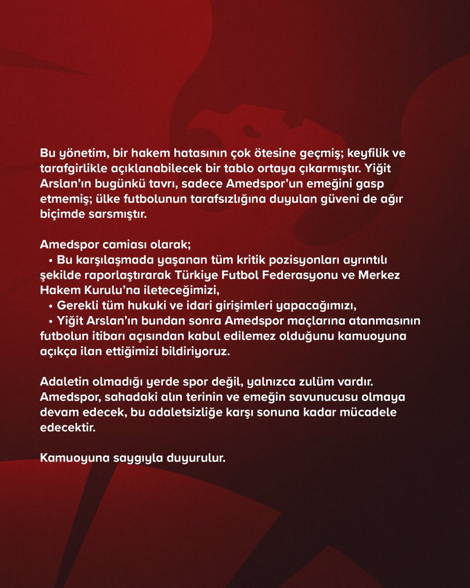 Amedspor – Erzurumspor Karşılaşmasında Hakem Yönetimi Hakkında

Bugün Diyarbakır Stadyumu’nda oynanan Amedspor – Erzurumspor karşılaşmasında, orta hakem Yiğit Arslan ile VAR yönetimi, futbolun en temel ilkeleri olan adalet, tarafsızlık ve eşitlik anlayışını ağır biçimde