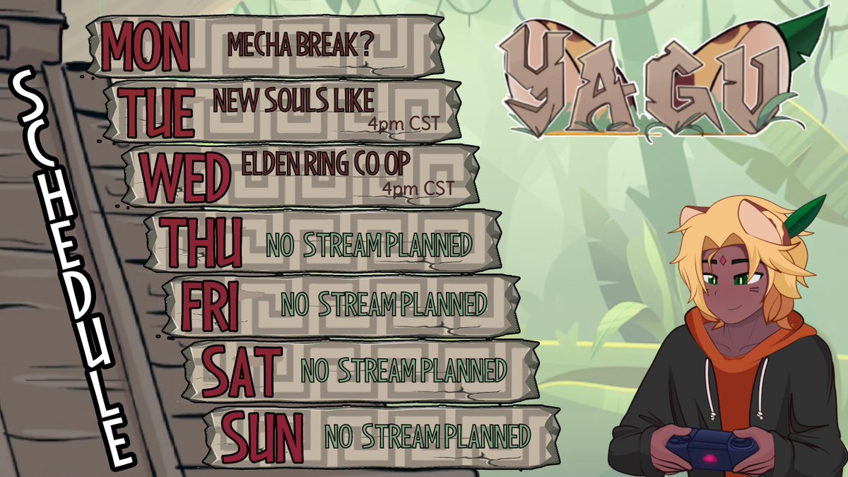 This week I'll be busy irl. 
Today I'll probably stream some Mecha Break
Tuesday I'll start a new Souls-like game 
Wednesday I'll try to end the Elden Ring DLC with <a href="/Panger_Streams/">PangerBon</a> 
The rest of the week I'll try to stream some more Mecha Break.
