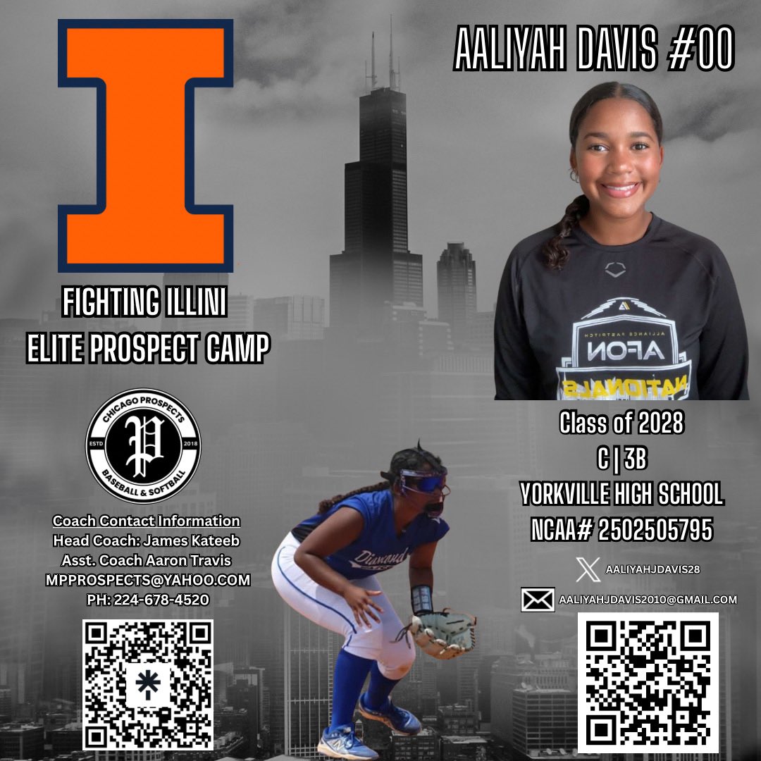 I’m so excited to attend the Illini Prospect Camp this weekend!! Can’t wait to learn from <a href="/TyraPerry13/">Tyra Perry</a> and the <a href="/IlliniSB/">Illinois Softball</a> program!

🔸 🔹#Illini #GoFightingIllini #classof2028 #nodaysoff #TrustTheProcess 

<a href="/ChiProspects15u/">Chicago Prospects Premier</a> <a href="/_YHSsoftball/">Yorkville High School Softball</a> <a href="/TopPreps/">AI SEARCH - TOP PREPS AI SPORTS SEARCH ENGINE</a> <a href="/MaxPreps/">MaxPreps</a>
