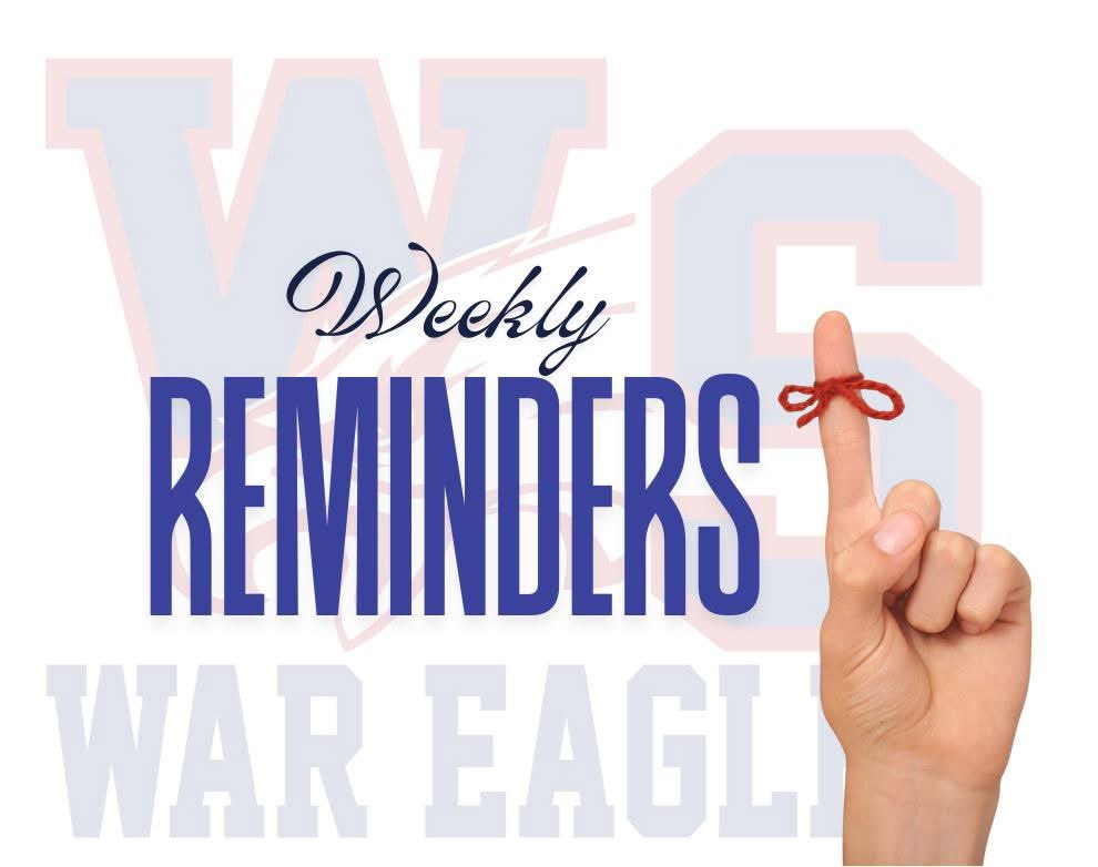 Wednesday, Early Release day. Students will be dismissed at 12:30 pm.  Interim Reports will also be sent out Wednesday. You can also view your child's grades in PowerSchool. 

Tuesday, August 19th: Volleyball at WSHS against Pelion

Friday, August 22: Football at Denmark-Olar