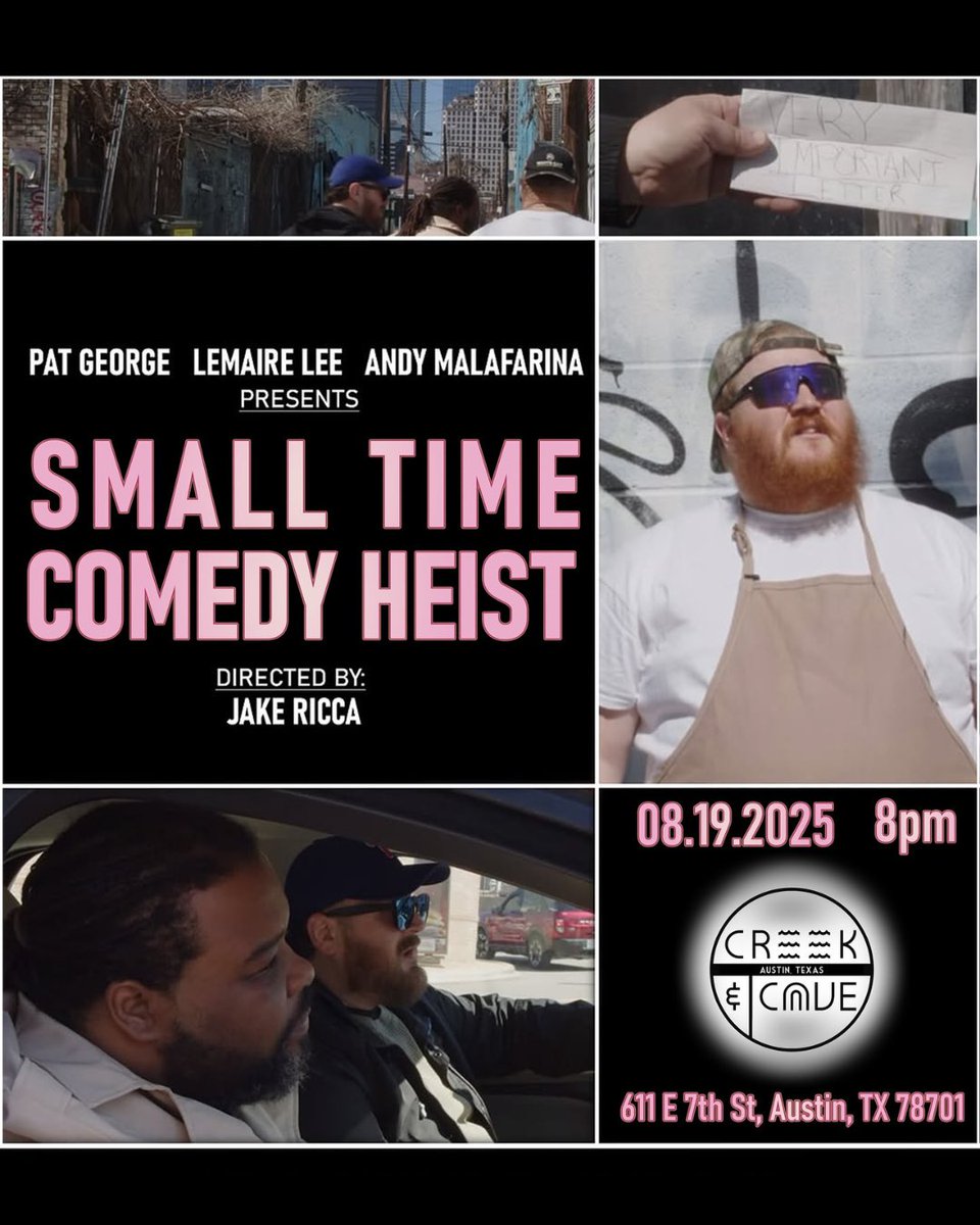 creekandcave's tweet photo. Tomorrow night in ATX! Small Time Comedy Heist with @JakeRicca, @andymalafarina, @LeMaireLee &amp; @GatPeorge is going down at 8pm 🔥 get your tickets: https://t.co/tSCUb6vZlA https://t.co/7cyuywqUpp