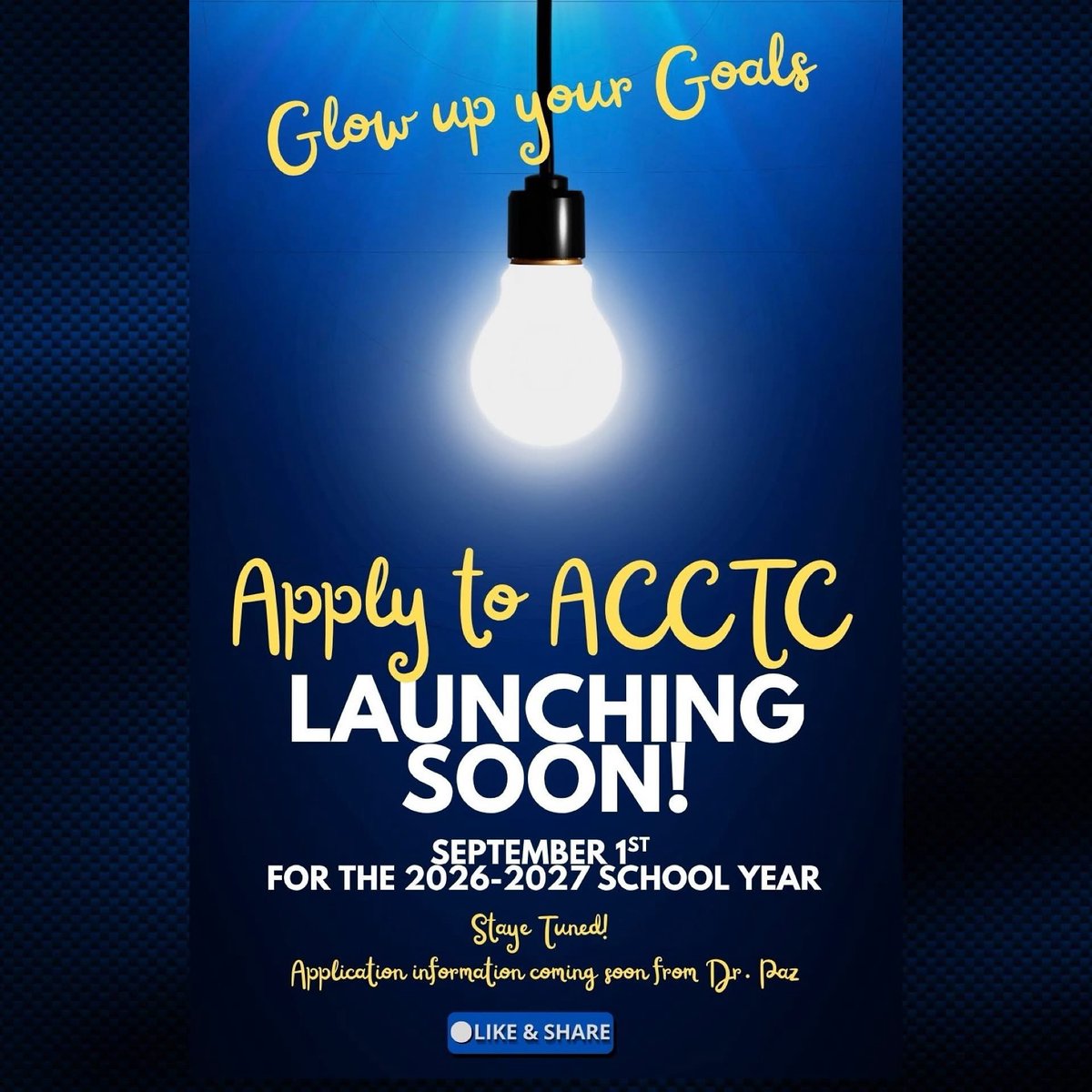 Glow Up Your Goals

Applications to attend ACCTC for the 2026-2027 school year will open September 1st.    

For more information about programs see the ACCTC program page: acpsd.net/o/acctc/page/a… or stop by the counseling office.