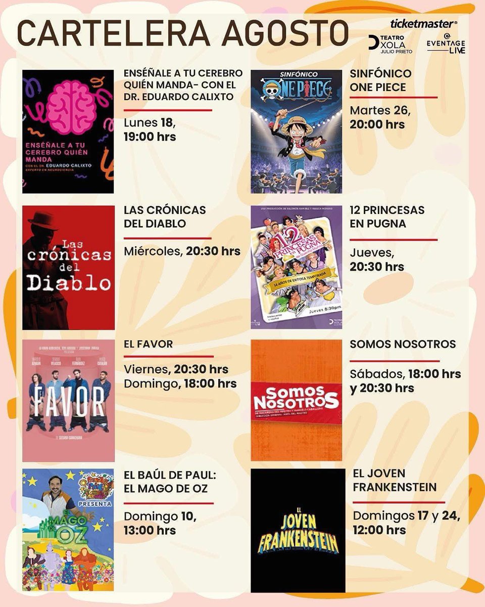Te compartimos la cartelera para que te organices y no te pierdas ninguna.

Boletos en sistema Ticketmaster y directamente en taquilla.