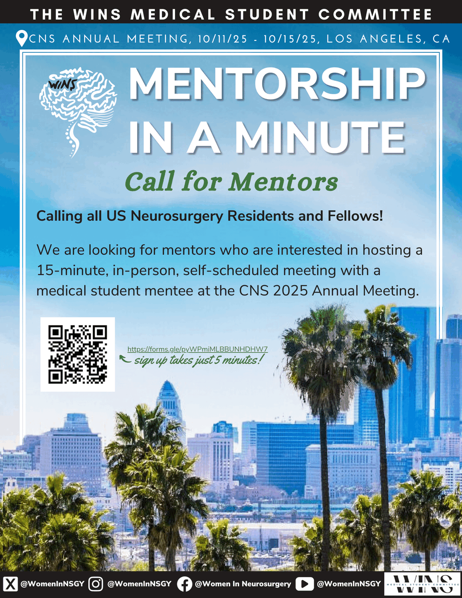 Calling all resident mentors! Join Mentorship in a Minute at #CNS2025 to connect with medical students interested in neurosurgery and help shape the future of neurosurgery. 

Sign ups will be open until Sept 22, 2025 at 9:00 AM CST!