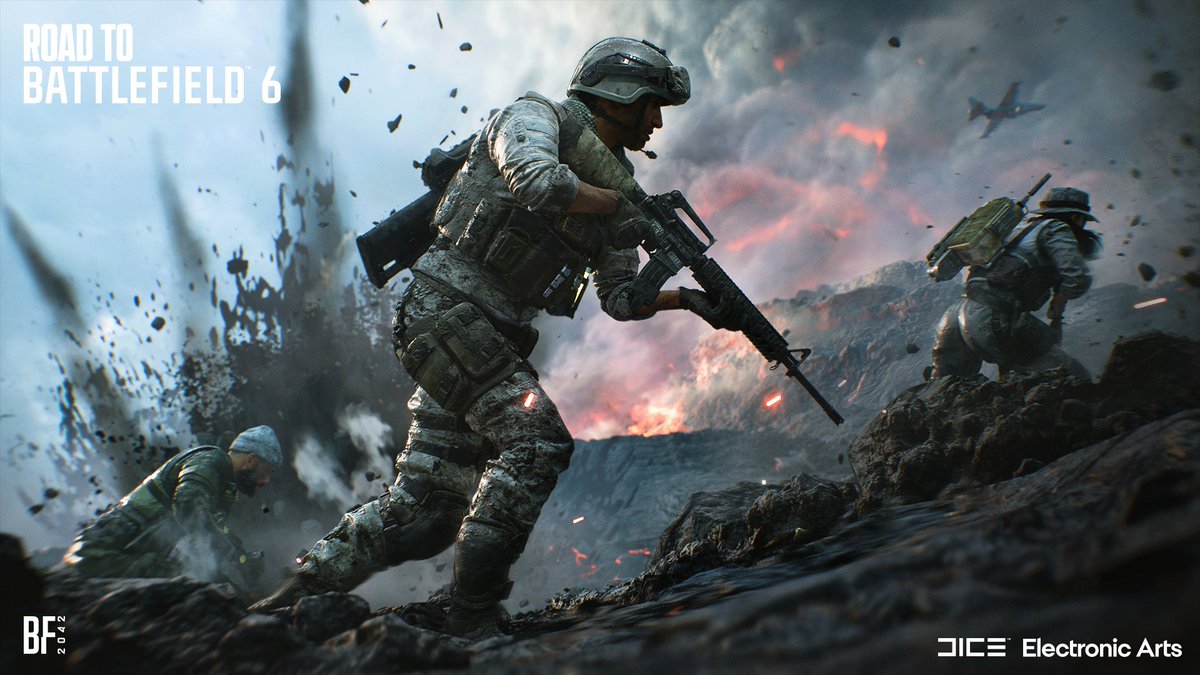 Battlefield's tweet photo. Free BF6 rewards 🔥 

Squad up on Iwo Jima in Battlefield 2042 and unlock exclusive rewards you’ll carry into #Battlefield6. https://t.co/uH7f7PBoFZ