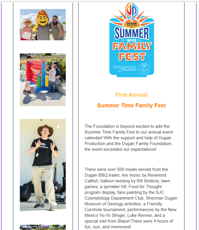 StringslingerNM's tweet photo. The total revenue of the event is over $52,000.00 and it gets even better. Sean Dugan, the President of Dugan Production, made a Matching Pledge! The First Annual Summer Time Family Fest generated over $104,000.00 to be used to fight food insecurity at San Juan College! https://t.co/LESTkQhU9y