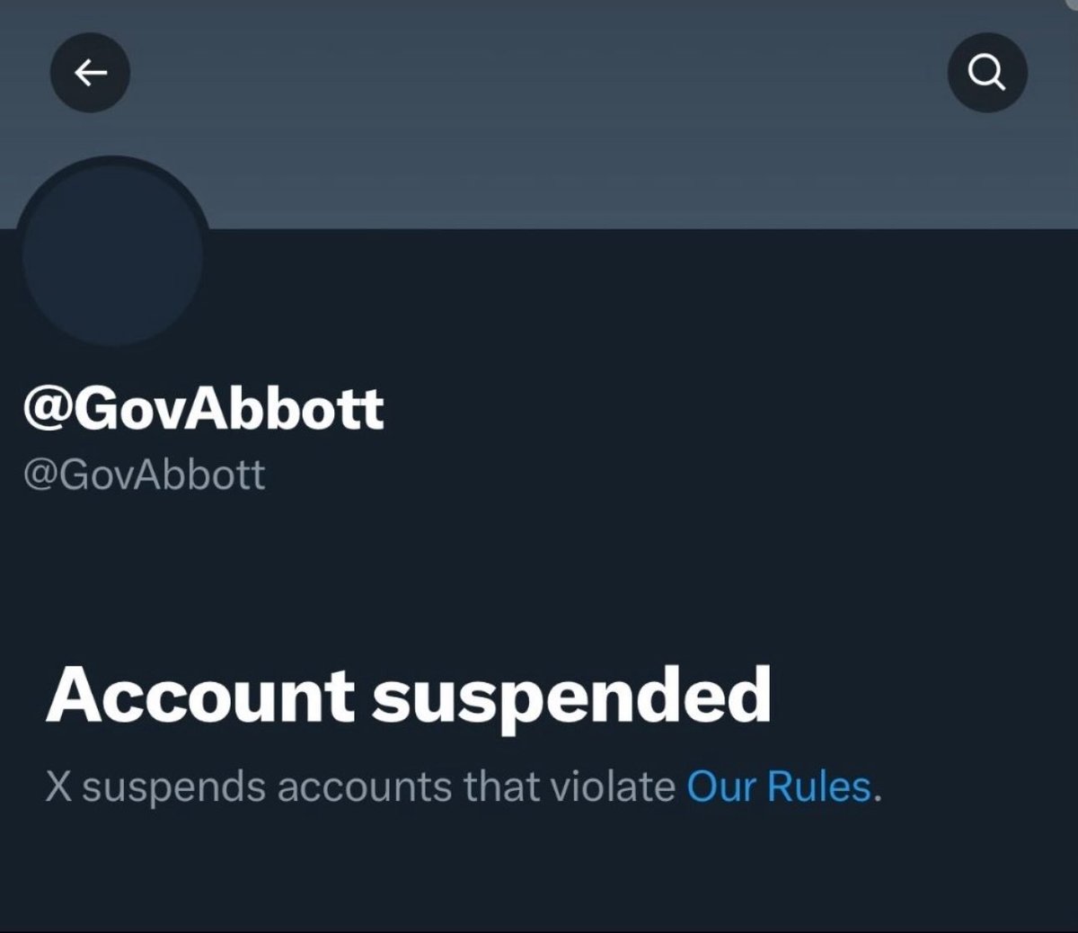 The failed Governor of Texas has had his X account suspended. 

The word around town is he is furious. He is not going to roll over and take this sitting  down.