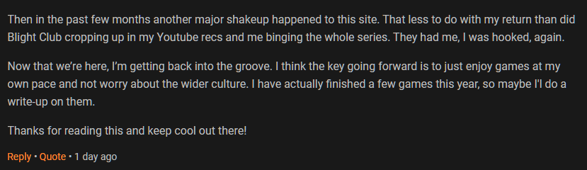 GB Duders Feed (@gbdudersfeed) on Twitter photo baka_shinji17 walked away from <a href="/giantbomb/">World’s Famous Giant Bomb</a> a few years back.
And then something happened last week. Blight Club popped up in their YouTube recommendations and now they're hooked on the site again!
User Blog: giantbomb.com/forums/general…
#games #gaming #giantbomb #blightclub baka_shinji17 walked away from <a href="/giantbomb/">World’s Famous Giant Bomb</a> a few years back.
And then something happened last week. Blight Club popped up in their YouTube recommendations and now they're hooked on the site again!
User Blog: giantbomb.com/forums/general…
#games #gaming #giantbomb #blightclub