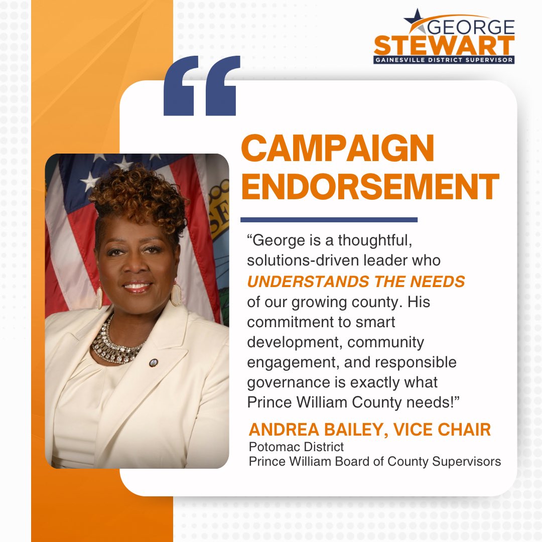 Honored to earn the endorsement of Supervisor Andrea Bailey, Vice Chair of the Prince William Board of County Supervisors!

Andrea recognizes my commitment to listening to residents, and putting community engagement first to ensure Gainesville’s growth reflects the voices and
