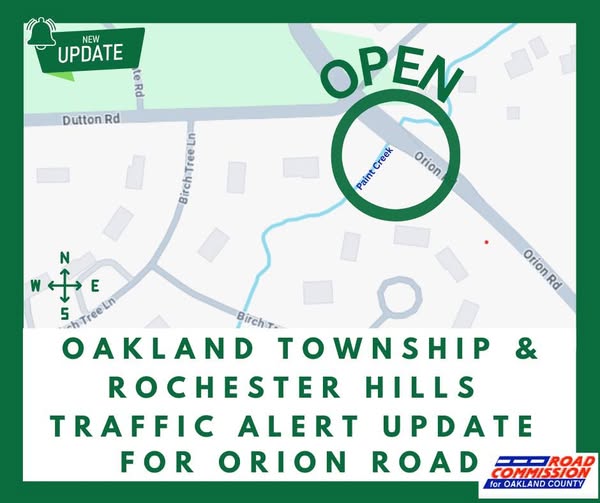 😃 ORION ROAD NOW OPEN 😃
One Month After the Flood, with Two Delays, Orion Road Now Open for Traffic
READ: rochestermedia.com/orion-road-now…

#RochMedia #OrionRoad #RochesterHillsFlood