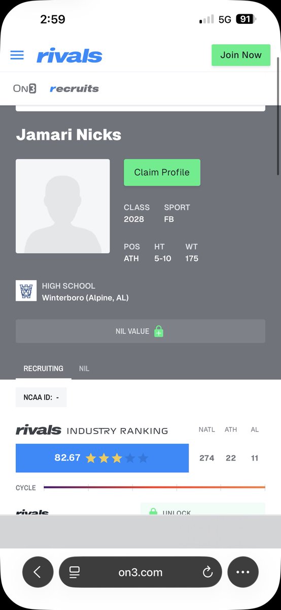 Jamari Nicks (@jamarinicks) on Twitter photo Blessed To Be Ranked By Rivals As A 3 Star ⭐️⭐️⭐️
<a href="/mansfield16/">Coach Mansfield</a> <a href="/DexPreps/">DexPreps</a> <a href="/SWiltfong_/">Steve Wiltfong</a> <a href="/ChadSimmons_/">ChadSimmons</a> <a href="/adamgorney/">Adam Gorney</a> <a href="/Andy_Villamarzo/">Andy Villamarzo</a> <a href="/BrandonHuffman/">Brandon Huffman</a> <a href="/ScoutFball/">Larry Rudolph</a> <a href="/UnLockYourGame/">UnLockYourGame</a> <a href="/BamaPrepsFB/">BamaPreps</a> <a href="/RecruitsAlabama/">Alabama Recruits</a> <a href="/PrepRedzoneAL/">Prep Redzone Alabama</a> <a href="/HallTechSports1/">Hall-Tech Sports</a> <a href="/TDAlabamaMag/">Touchdown Alabama</a> <a href="/Rivals_HS/">Rivals High School</a> Blessed To Be Ranked By Rivals As A 3 Star ⭐️⭐️⭐️
<a href="/mansfield16/">Coach Mansfield</a> <a href="/DexPreps/">DexPreps</a> <a href="/SWiltfong_/">Steve Wiltfong</a> <a href="/ChadSimmons_/">ChadSimmons</a> <a href="/adamgorney/">Adam Gorney</a> <a href="/Andy_Villamarzo/">Andy Villamarzo</a> <a href="/BrandonHuffman/">Brandon Huffman</a> <a href="/ScoutFball/">Larry Rudolph</a> <a href="/UnLockYourGame/">UnLockYourGame</a> <a href="/BamaPrepsFB/">BamaPreps</a> <a href="/RecruitsAlabama/">Alabama Recruits</a> <a href="/PrepRedzoneAL/">Prep Redzone Alabama</a> <a href="/HallTechSports1/">Hall-Tech Sports</a> <a href="/TDAlabamaMag/">Touchdown Alabama</a> <a href="/Rivals_HS/">Rivals High School</a>