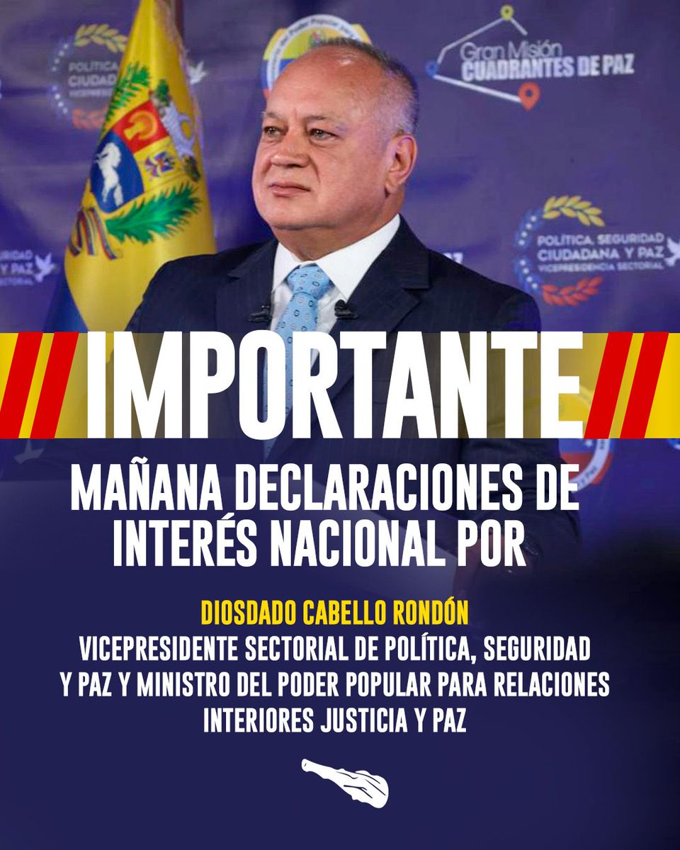 🚨¡Atención Pueblo! 🚨

Mañana habrá importantes declaraciones del Vicepresidente sectorial de Política, Seguridad y Paz, Diosdado Cabello Rondón.

#DudarEsTraición
