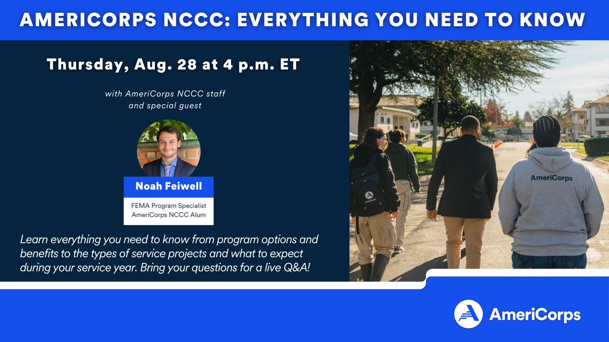 Register now for next week's webinar and hear firsthand from <a href="/AmeriCorpsNCCC/">AmeriCorps NCCC</a> #FEMACorp alum and <a href="/fema/">FEMA</a> Program Specialist, Noah, who will share his #service experience and answer questions about serving in #FEMACorps this winter! americorps.zoomgov.com/webinar/regist…