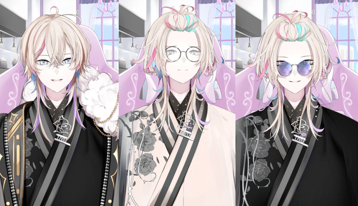 いろいろな衣装と髪型試すおしゃれ週間2日目は左から

””正月イベントのホスト””
””締め切りギリギリの文豪""
””JP893””

です！