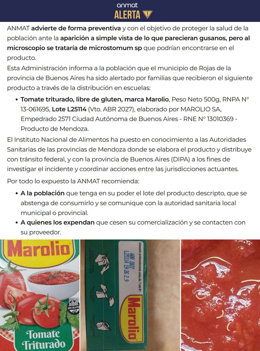 porquetendencia's tweet photo. "Marolio":
Por la advertencia de ANMAT sobre un lote de tomate triturado de esa marca https://t.co/4n7n78Bfdj