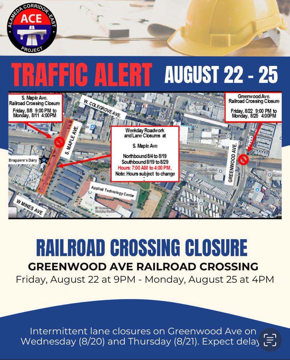 🚧 CLOSURE – GREENWOOD AVE🚧

Greenwood Avenue will be closed at the railroad crossing for construction work starting:

🗓 Friday, August 22 at 9:00 PM
to Monday, August 25 at 4:00 PM

No access through the crossing

Thank you for your patience. 
<a href="/MontebelloCity/">City of Montebello</a>