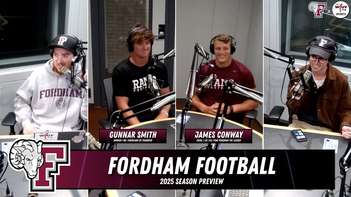 wfuvsports's tweet photo. 🏈 Out Now: Your @FORDHAMFOOTBALL 2025 Season Preview!

@taustin_24, @CCarrinoReport, &amp; @brendan_shorey sat down with Fordham QB Gunnar Smith, LB James Conway, &amp; HC Joe Conlin ahead of the fall season ⤵️

🎥: https://t.co/CgoND37giT https://t.co/fJhcFTJxkt