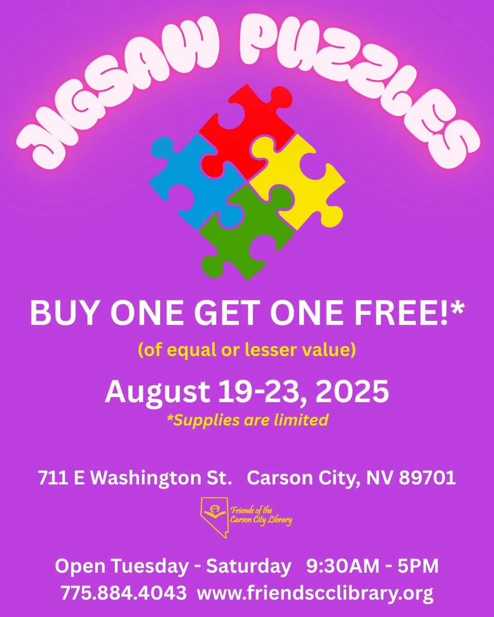 friendsofcclib's tweet photo. It’s time to stock up on jigsaw puzzles. All week long you can get two for the price of one!
#BrowsersCornerBookStore #FOCCL #FriendsoftheCarsonCityLibrary #jigsawpuzzles  #puzzles #BOGO #thrifting #puzzle #jigsawpuzzles #CarsonCity #puzzlesale https://t.co/q1n7ZiMDiS