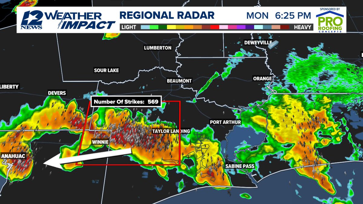 Strong storm between Taylor Landing and Winnie with very heavy rain, frequent lightning, gusty winds and small hail.  Moving west-southwest around 15 mph.  Over 550 lightning strikes within the red box in the past 15 minutes.  12NewsNow.com/radar