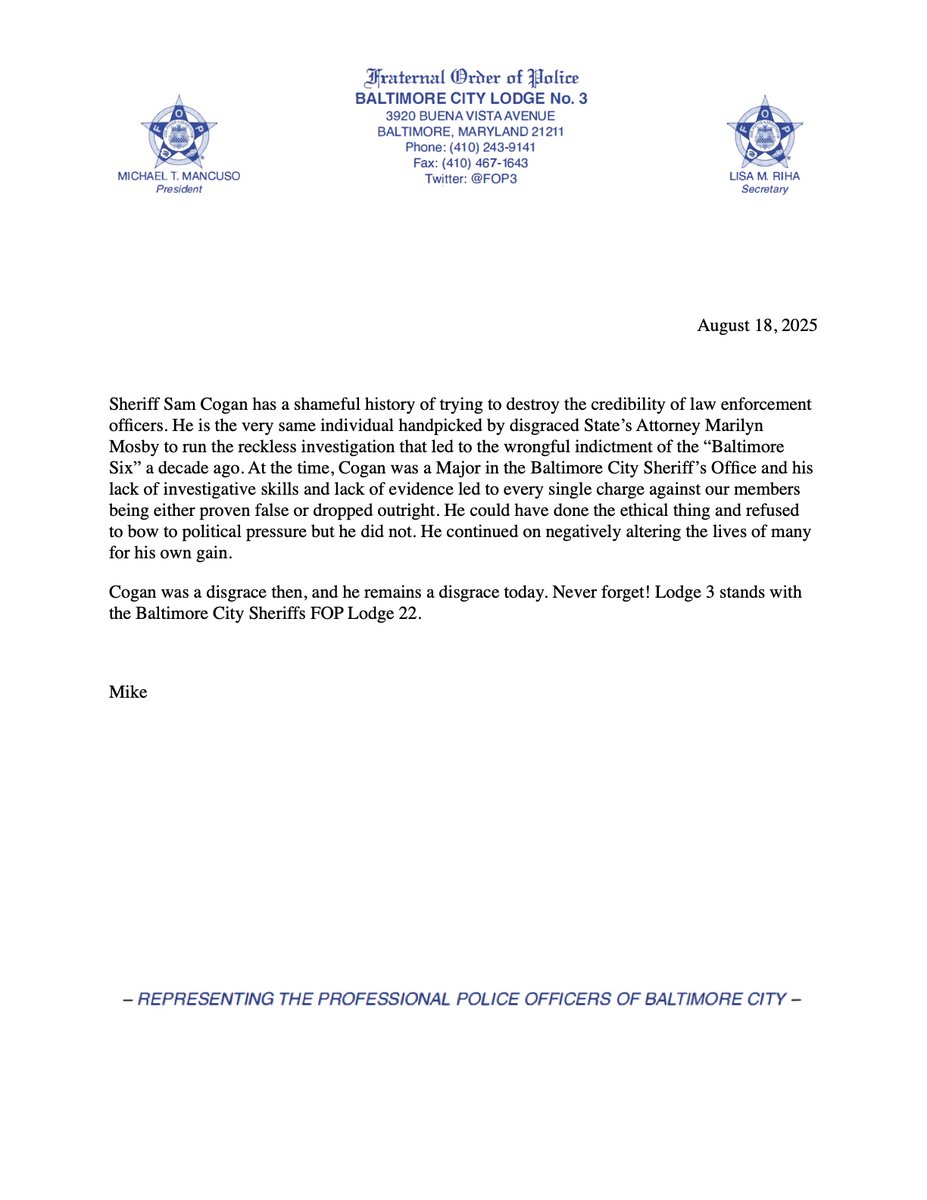 Baltimore City FOP tweet media