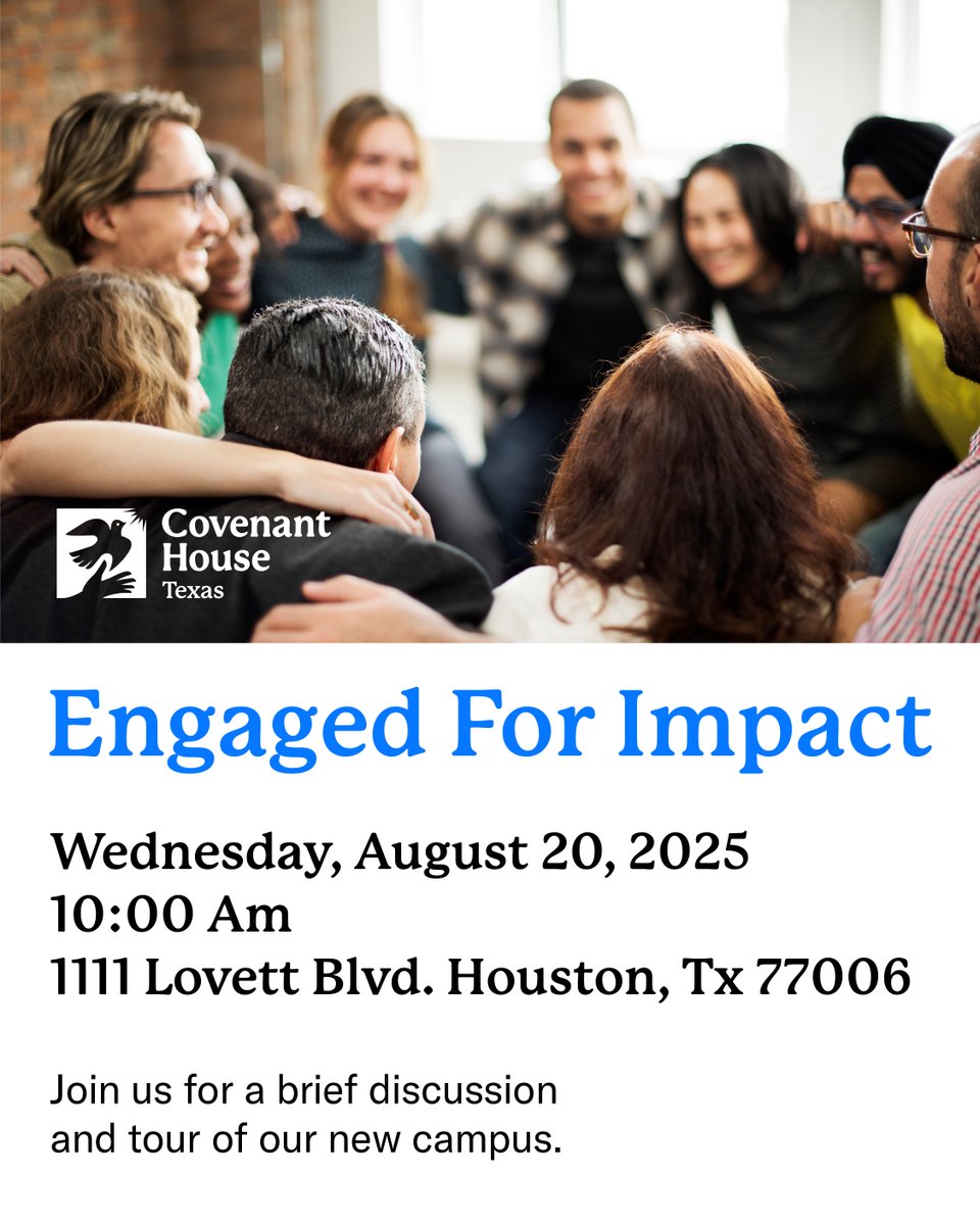 Join us for Engaged for Impact this Wednesday. Send a rep to meet our team, tour the new campus, and explore real ways to support youth facing homelessness. See link in bio.
#RelentlessSupport #CovenantHouseTexasCommitment #HoustonTX