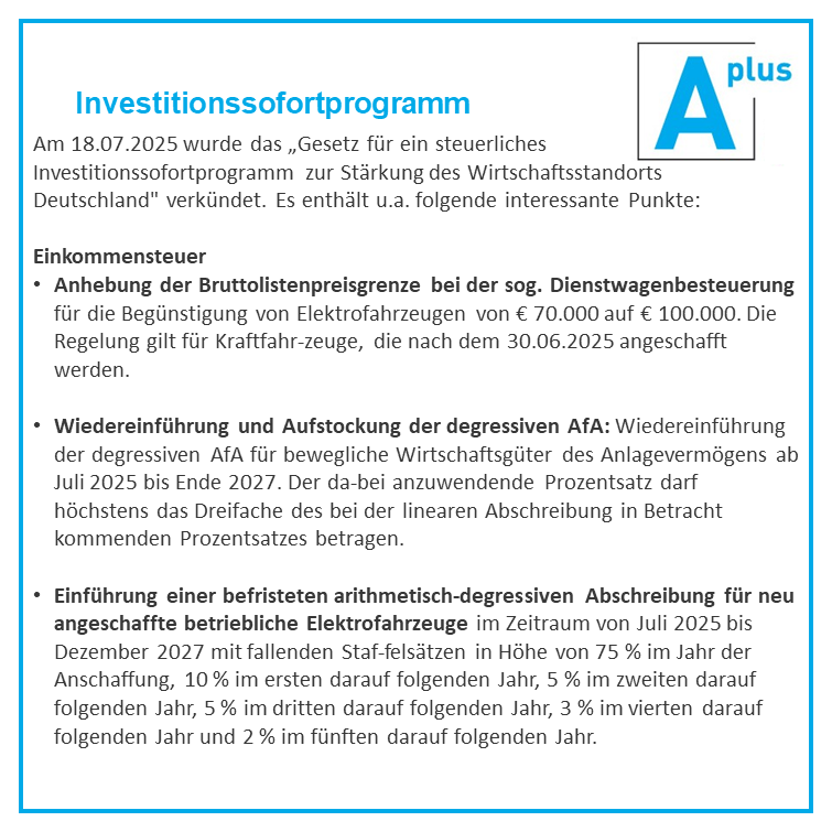 aplus_berater's tweet photo. #Investitionssofortprogramm

Am 18.07.2025 wurde das „Gesetz für ein steuerliches Investitionssofortprogramm zur Stärkung des Wirtschaftsstandorts Deutschland“ verkündet. Lesen Sie mehr Details dazu im aktuellen Aplus-Tipp des Monats unter:
https://t.co/tpopbBhSqS https://t.co/C9TkbJ8H8S