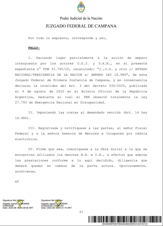 A horas de rechazar el VETO PRESIDENCIAL a la ley de Emergencia en discapacidad en <a href="/DiputadosAR/">Diputados Argentina</a> el Juzgado Federal de Campana pone las cosas en su lugar y marca el camino. 
A las y los colegas, el miércoles no miremos para otro lado. Votemos por los derechos de la discapacidad