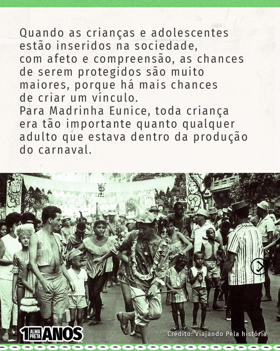 Alma_Preta's tweet image. Mulher negra, fundadora da primeira escola de samba paulistana, Eunice mostrou que criar é um ato político, comunitário e profundamente afetivo. Proteger as infâncias exige redes reais de cuidado, políticas públicas e uma sociedade disposta a assumir seu papel.