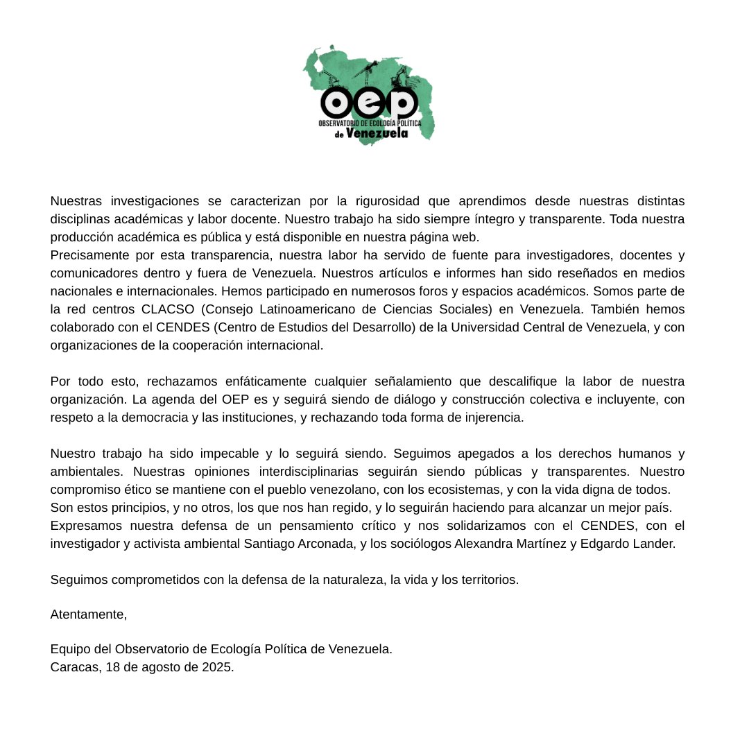 #18Ago El OEP  nace en 2017 para contribuir a las discusiones sobre los problemas ecológicos del país. Para nosotros, estas discusiones son urgentes dada la creciente crisis ambiental que se vive tanto en Venezuela como en el resto del mundo

Comunicamos n9.cl/jz7k4