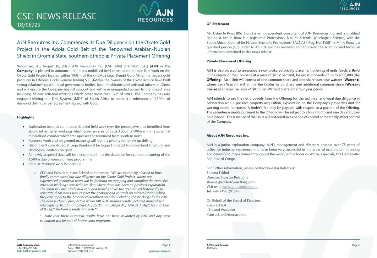 🚨Fiel DD commences at $AJN's Okote #Gold project, located just 100km from the 4.5Moz Lega Dembi Gold Mine, #Ethiopia's largest producer.

$AJN will complete 1,500m of diamond drilling over 3km strike of previously untested artisinal workings.

ajnresources.com/wp-content/upl…