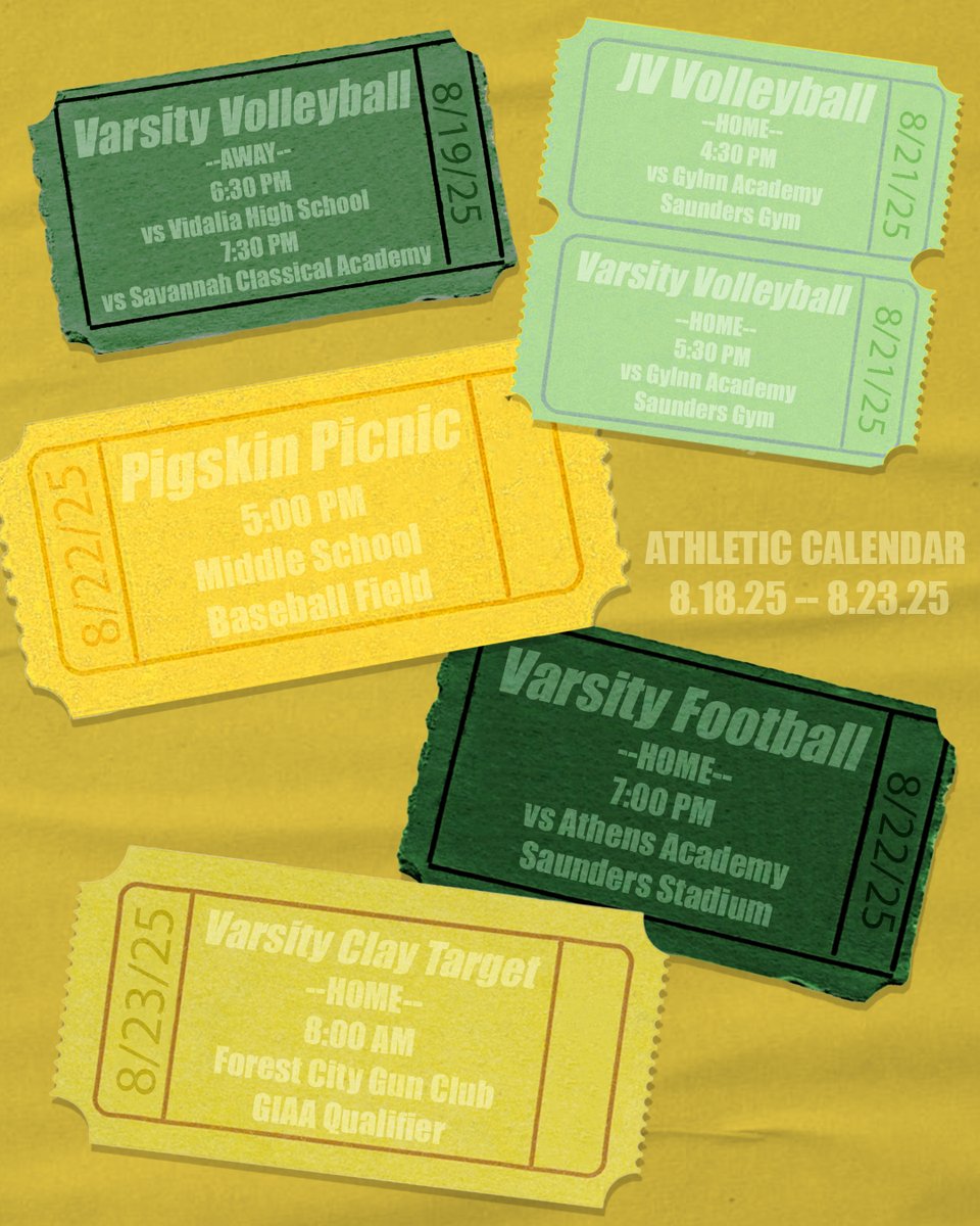 SCDS_Athletics's tweet photo. There’s a lot to look forward to this week in athletics. From the Pigskin Picnic to the Clay Target team’s season opener, we’re thrilled for it all!

#hornetpride #thesavannahcountrydayschool #SCDSathletics https://t.co/PnN7SnyAVy