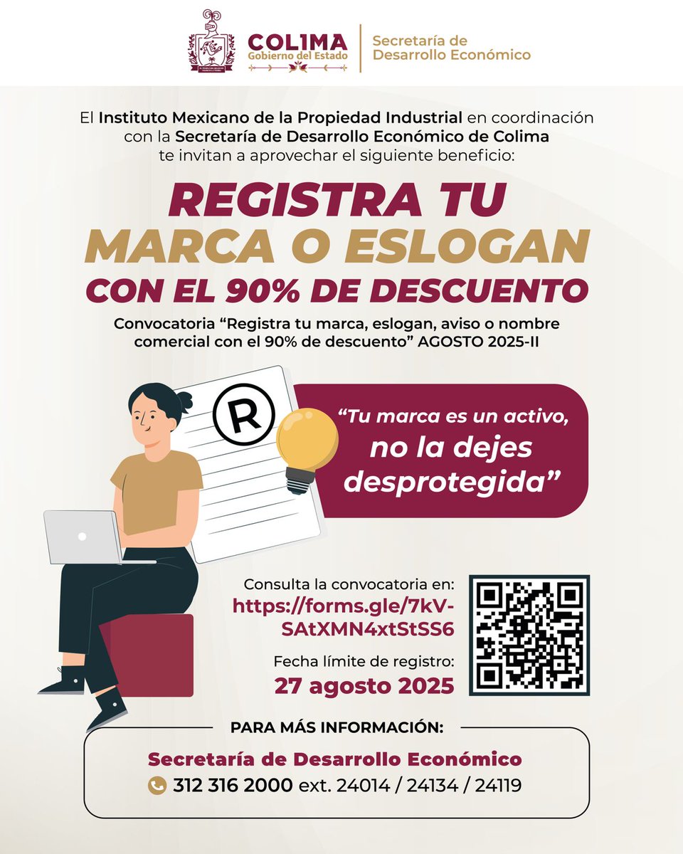 🚀 ¡Protege tu marca y hazla única!
Aprovecha el 90% de descuento en el registro de tu marca o eslogan 📌
📝 Convocatoria disponible aquí 👉 forms.gle/7kVSAtXMN4xtSt…
⚠️Fecha limite para acceder al descuento: 27 de agosto de 2025
✅ Cupo limitado
✅ Trámite fácil y seguro