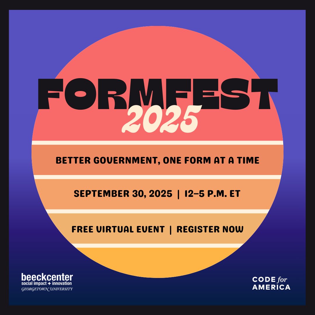Code for America (@codeforamerica) on Twitter photo Registration is open for #FormFest2025! 🙌 Join us and <a href="/BeeckCenter/">Beeck Center</a> on September 30 to ignite innovation in government forms like never before. Learn more and register for this free virtual event: bit.ly/45DZDCe Registration is open for #FormFest2025! 🙌 Join us and <a href="/BeeckCenter/">Beeck Center</a> on September 30 to ignite innovation in government forms like never before. Learn more and register for this free virtual event: bit.ly/45DZDCe