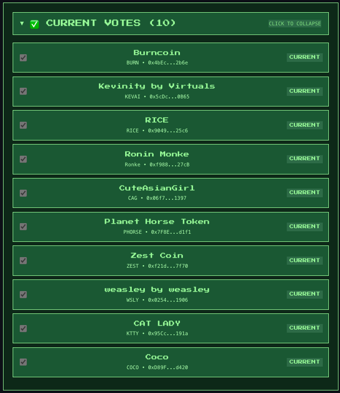 Burncoin (@burncoinronin) on Twitter photo The day has come...hash power voting is live for Burncoin miners!
More hash power = more votes = more buy and burn
Vote for your favorite (or your dead bags)
<a href="/VaasCrypto/">Vaas.eth/ron⚡</a> <a href="/Kevinity_/">Kevinity</a> <a href="/RiceFarmerRonke/">Ronke Rice Farmers</a> <a href="/RonkeOnRon/">Ronin Monke</a> <a href="/PlanetHorseGame/">Planet Horse</a> <a href="/Zest_Ronin/">Zestcoin.ron</a> <a href="/WSLYbyweasley/">WSLY by weasley.ron</a> <a href="/Kttyworld/">KTTY</a> <a href="/Coco__Bear/">Coco__Bear</a> The day has come...hash power voting is live for Burncoin miners!
More hash power = more votes = more buy and burn
Vote for your favorite (or your dead bags)
<a href="/VaasCrypto/">Vaas.eth/ron⚡</a> <a href="/Kevinity_/">Kevinity</a> <a href="/RiceFarmerRonke/">Ronke Rice Farmers</a> <a href="/RonkeOnRon/">Ronin Monke</a> <a href="/PlanetHorseGame/">Planet Horse</a> <a href="/Zest_Ronin/">Zestcoin.ron</a> <a href="/WSLYbyweasley/">WSLY by weasley.ron</a> <a href="/Kttyworld/">KTTY</a> <a href="/Coco__Bear/">Coco__Bear</a>