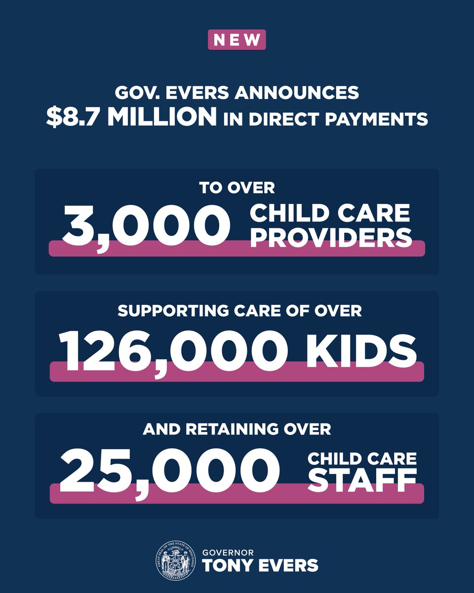 NEW: I'm announcing the first round of direct monthly payments to child care providers I secured in our bipartisan state budget, helping care for over 126,000 kids by supporting over 3,100 child care providers to help retain over 25,000 child care staff.

Great news for our kids!