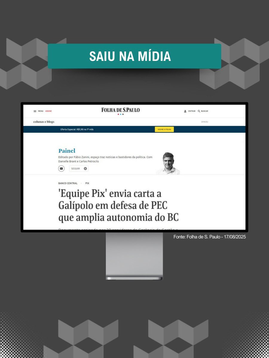 anbcb's tweet photo. Saiu na mídia: a PEC 65/23 é vista como urgente e essencial para proteger o Pix e fortalecer o Banco Central.
A Folha de S. Paulo publicou matéria destacando que 30 servidores da Gerência de Gestão e Operação do Pix enviaram uma carta ao presidente do BC, Gabriel Galípolo, em defesa da proposta. O grupo afirma que a PEC garantirá os recursos humanos e tecnológicos necessários para manter a operação e evolução dessa ferramenta que revolucionou os pagamentos no Brasil.

Na carta, os servidores alertam que, diante da escassez de recursos, crescem os riscos operacionais e a vulnerabilidade do sistema, um problema grave em um serviço que funciona 24 horas por dia, todos os dias da semana.

A diretora da ANBCB, Mayara Yano, também reforçou a importância da PEC: hoje, apenas 33 pessoas cuidam de toda a operação e agenda evolutiva do Pix, o que já causa atrasos na implementação de melhorias de segurança e novos serviços.

PEC 65/23 = Banco Central fortalecido + Pix protegido, gratuito e seguro.

O Pix une o Brasil!
PEC 65/23 pelo Pix cada vez melhor!
#BCFortePixProtegido
#Pec65PixGratuito