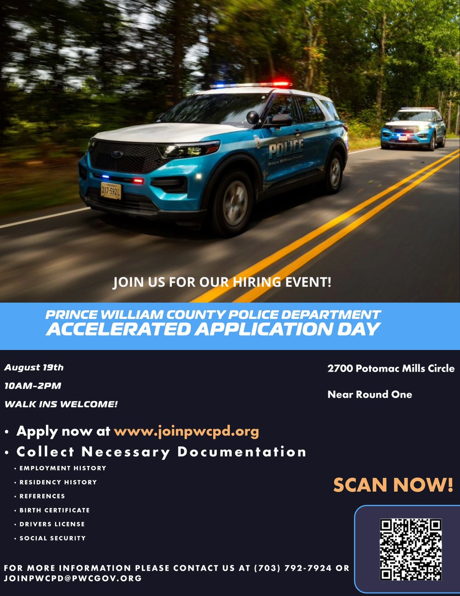 PWCPolice's tweet image. 🚨 STILL TIME TO REGISTER 🚨
Accelerated #Application Day is almost here &amp;amp; spots are still available!
Ready to launch your #career in law enforcement? Don’t miss this opportunity to fast-track your application with #PWCPD.  
 📅 Aug. 19th
 🕙 10AM–2PM
 📍 2700 #PotomacMills Cr.