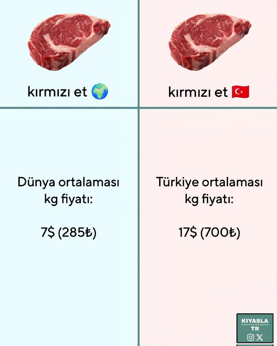 1 kilo kırmızı etin dünya ortalaması fiyatı 285 TL iken,
Türkiye ortalaması 700 TL.

Türkiye Yüzyılı diye övündükleri bu işte..!

#AkepeGitsinSefaletBitsin