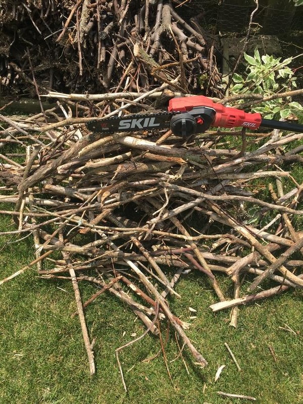The SKIL 40V 10 In. Pole Saw gives you precise control over your cuts, and its aluminum telescopic shaft means you can reach even the tallest shrubs and bushes. Image by The Wolf