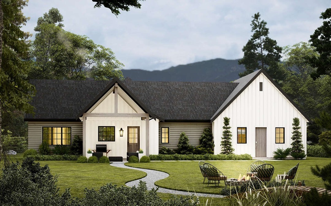 When Contemporary 🤝 Modern Farmhouse... you get Plan 8937-00091! 😍👏

This 1,077 sq. ft. Modern Farmhouse plan features 2 bedrooms, 2 bathrooms, a mudroom, a vaulted living room, an open floor plan, and a split bedroom layout: bit.ly/4mqP904